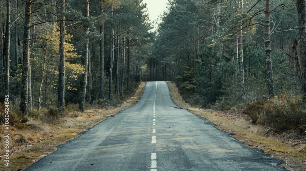 Fototapeta premium Minimalist capture of a road trip through a tranquil forest landscape