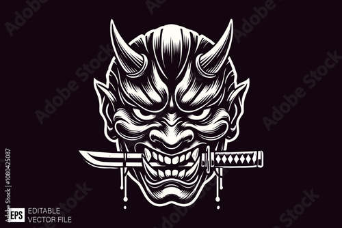 scary oni mask head dark art style vector design black and white illustration
