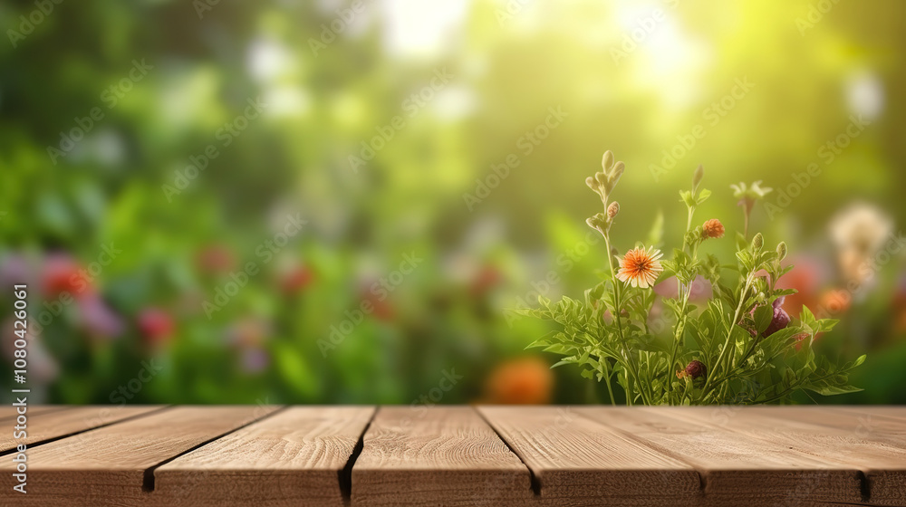Outstanding Wooden outdoors table on forest background Outstanding Wooden outdoors table on forest background