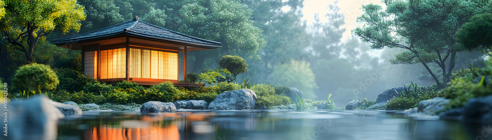 3D Illustration of a Japanese House with a Tranquil Pond and Foggy Forest in the Background 3D Illustration of a Japanese House with a Tranquil Pond and Foggy Forest in the Background
