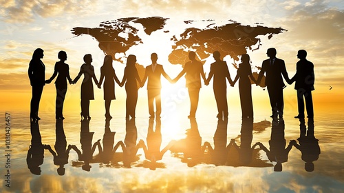 Silhouettes of diverse people holding hands against a sunset with a world map, symbolizing unity and collaboration.