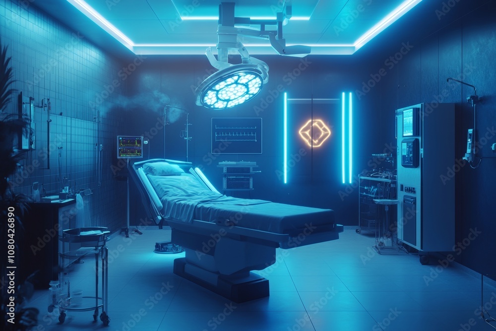 Futuristic operating room integrating ai driven glowing medical implants for advanced healthcare Futuristic operating room integrating ai driven glowing medical implants for advanced healthcare
