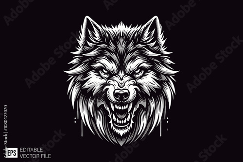 wolf head dark art style vector design black and white illustration