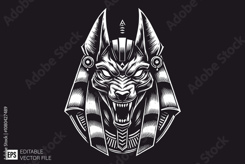 wolf egyptian art anubis head dark art style vector design black and white illustration