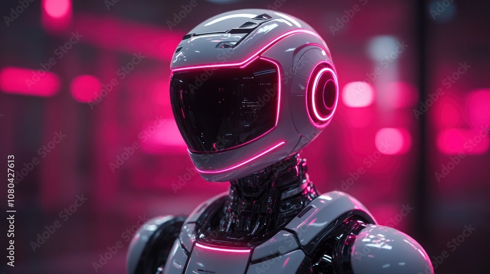 Futuristic robot with neon accents in a tech environment.