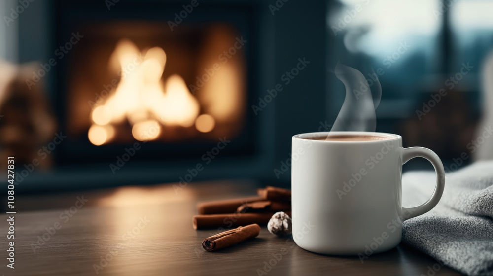 White ceramic mug of hot beverage with steam on table, cozy fireplace in background, cinnamon sticks and cloth nearby creating warm and relaxing atmosphere indoors. White ceramic mug of hot beverage with steam on table, cozy fireplace in background, cinnamon sticks and cloth nearby creating warm and relaxing atmosphere indoors.