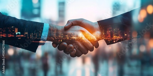 In an urban setting, a professional handshake symbolizes a pivotal business partnership, showcasing essential values like collaboration, trust, and strategic ambition that drive growth and innovation