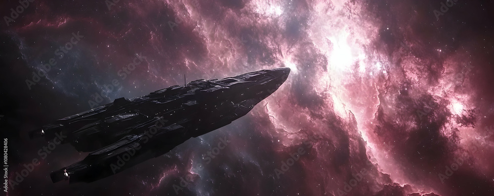 A futuristic spaceship navigates through a vast and swirling nebula in deep space, the ship's silhouette stark against the vibrant pink and purple hues of the cosmic cloud. A futuristic spaceship navigates through a vast and swirling nebula in deep space, the ship's silhouette stark against the vibrant pink and purple hues of the cosmic cloud.