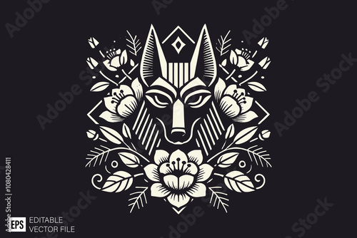 wolf egyptian art anubis head dark art style vector design black and white illustration