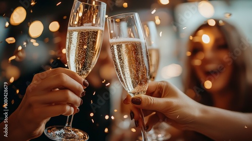 A group of friends share a joyous moment as they raise their glasses of champagne in celebration, surrounded by a backdrop of festive lights and confetti sparkles. photo