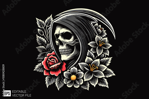 grim reaper illustration dark art style vector design black and white illustration