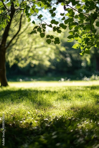 A tranquil scene of a sunlit meadow with lush green grass and trees, creating a peaceful and serene atmosphere.