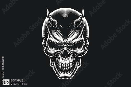 skull demon head dark art style vector design black and white illustration