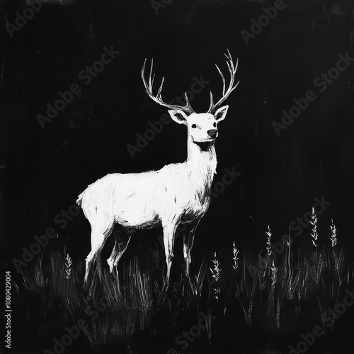 Striking black and white illustration of a white deer in a dark forest, highlighting its majestic antlers and serene presence. photo