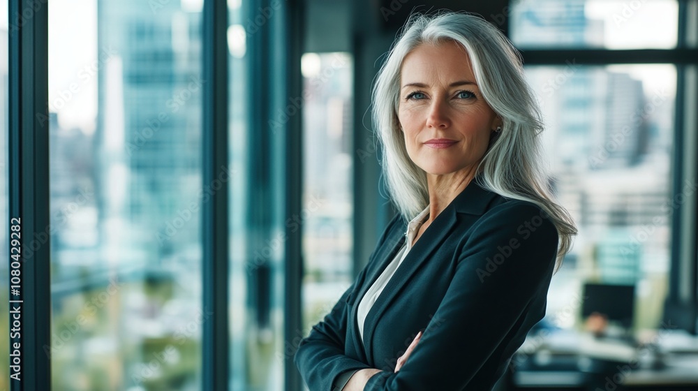 Confident Businesswoman With Silver Hair Stands Inside a Modern Office, Overlooking the City Skyline During the Afternoon, Showcasing Professionalism and Leadership Confident Businesswoman With Silver Hair Stands Inside a Modern Office, Overlooking the City Skyline During the Afternoon, Showcasing Professionalism and Leadership