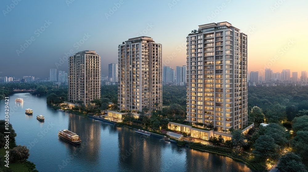 Modern residential buildings by a river at sunset. Modern residential buildings by a river at sunset.