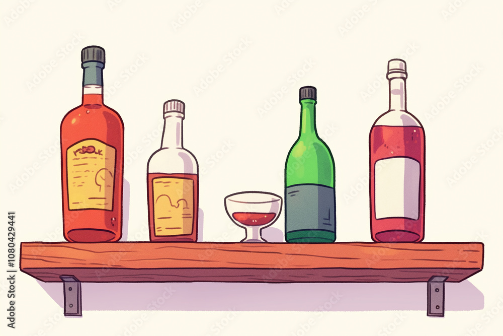 Naklejka premium Colorful Alcoholic Drinks on a Wooden Shelf