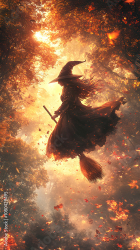 A Witch Flies Through Autumnal Forest, Riding A Broomstick With Falling Leaves and Golden Light