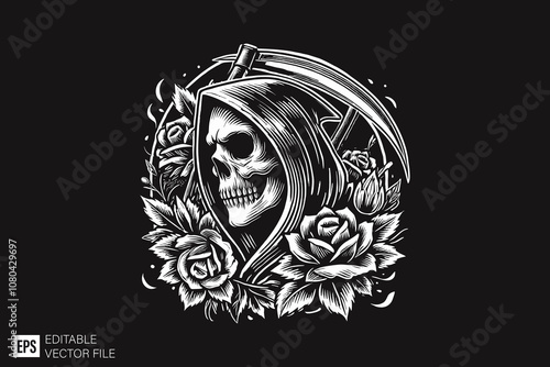 grim reaper illustration dark art style vector design black and white illustration