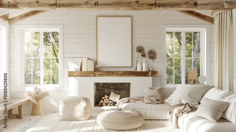 Fototapeta premium Cozy living room decor inspiration bright and airy space interior design natural light wide angle home aesthetics