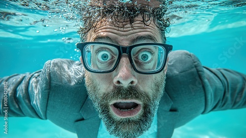 A Man in a Suit With Glasses Submerged in Water, Expressing Surprise While Swimming in a Blue Pool During Daylight Hours