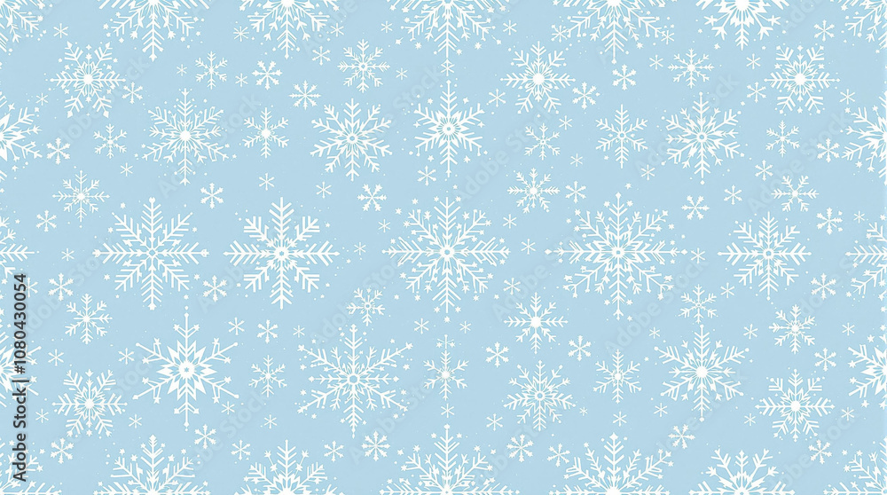 Seamless pattern of soft blue background with intricate white snowflakes makes a charming winter-themed design for decorations Seamless pattern of soft blue background with intricate white snowflakes makes a charming winter-themed design for decorations