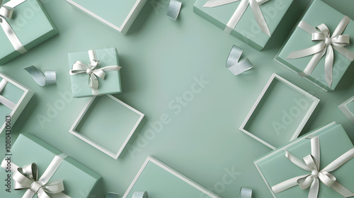 This top view showcases beautifully wrapped gift boxes with white bows on a soft mint green background, highlighting elegance and festivity. Ideal for any type of celebration