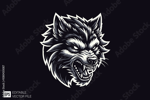 wolf head dark art style vector design black and white illustration