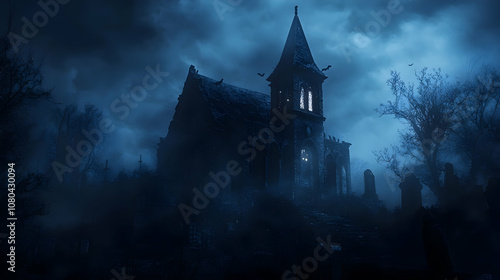 A Dark and Mysterious Church Stands Tall in a Foggy Graveyard Under a Night Sky photo