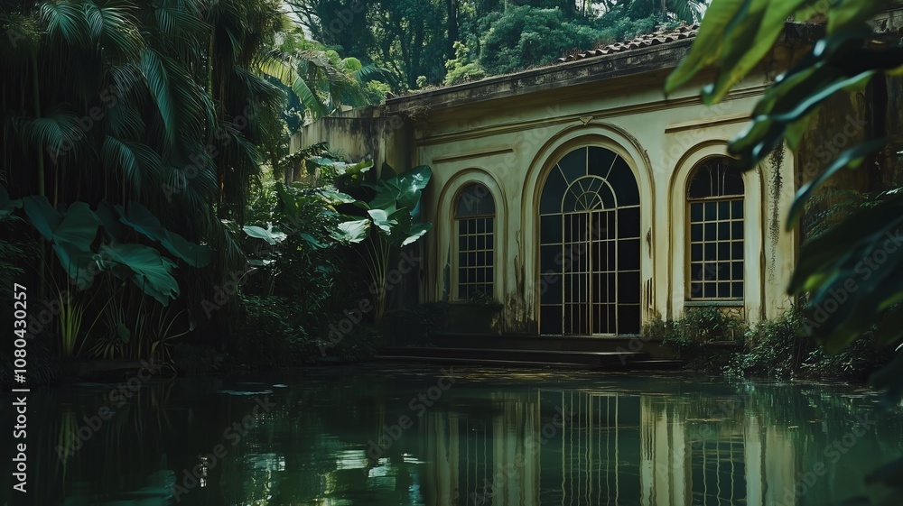 An old building with arched windows reflects in a pond surrounded by lush greenery An old building with arched windows reflects in a pond surrounded by lush greenery