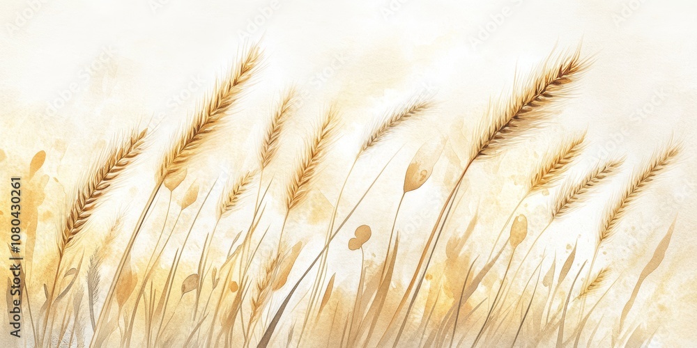 Fototapeta premium Artistic watercolor depiction of golden wheat stalks against a gentle pastel backdrop, capturing the essence of nature and tranquility.