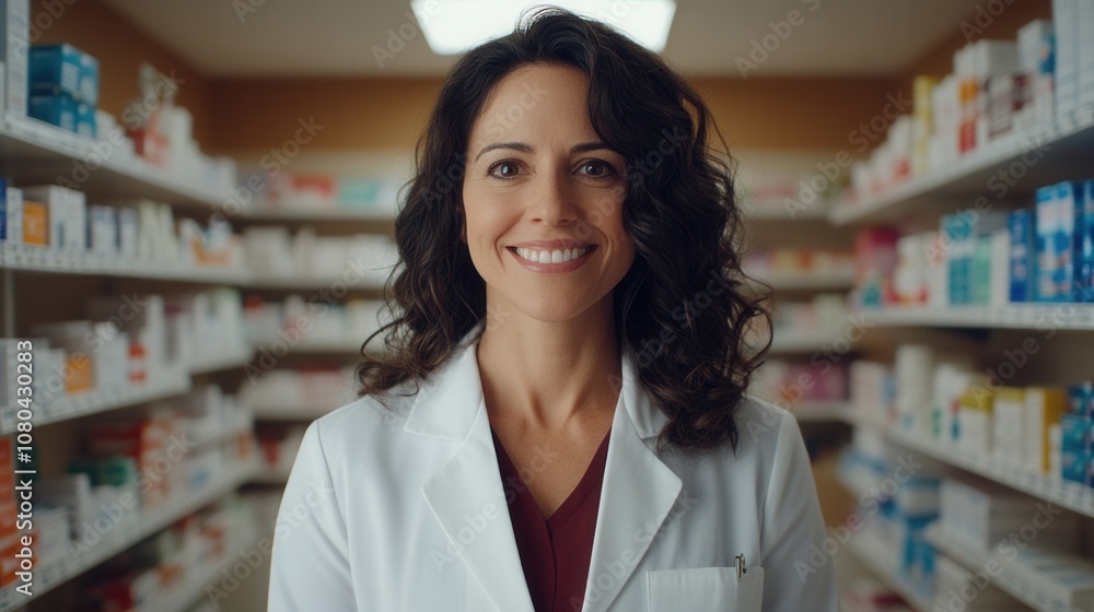A Smiling Pharmacist Stands Confidently in Her Pharmacy Surrounded by Neatly Organized Shelves Filled With Medication and Health Products During Business Hours A Smiling Pharmacist Stands Confidently in Her Pharmacy Surrounded by Neatly Organized Shelves Filled With Medication and Health Products During Business Hours