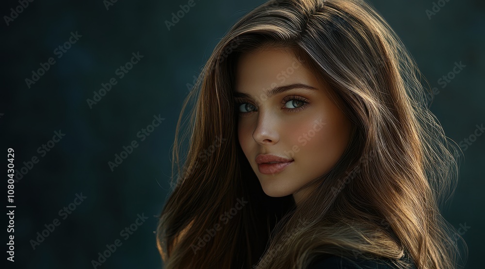 A captivating portrait of a woman with voluminous hair, showcasing natural beauty and an engaging expression against a moody background. A captivating portrait of a woman with voluminous hair, showcasing natural beauty and an engaging expression against a moody background.