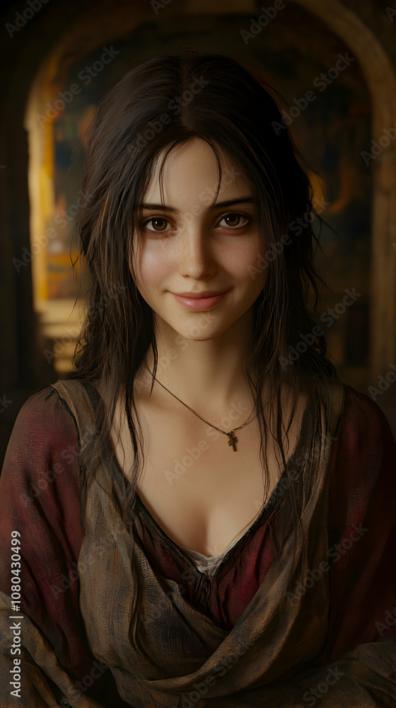 A Realistic Digital Portrait of a Young Woman with Long Dark Hair, Wearing a Brown and Red Dress, Smiling Softly A Realistic Digital Portrait of a Young Woman with Long Dark Hair, Wearing a Brown and Red Dress, Smiling Softly