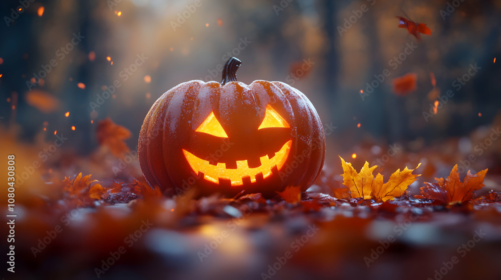 A Jack-o'-Lantern Glowing Brightly in a Forest of Autumn Leaves with a Mystical Glow A Jack-o'-Lantern Glowing Brightly in a Forest of Autumn Leaves with a Mystical Glow