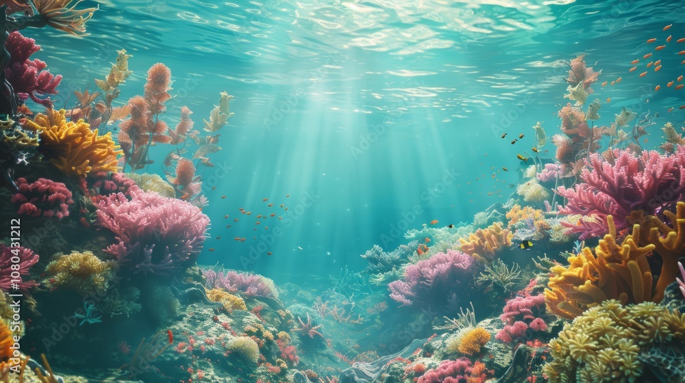 Naklejka premium Surreal underwater texture background showcasing vibrant coral reefs and surreal marine life, transporting viewers to a mesmerizing underwater world