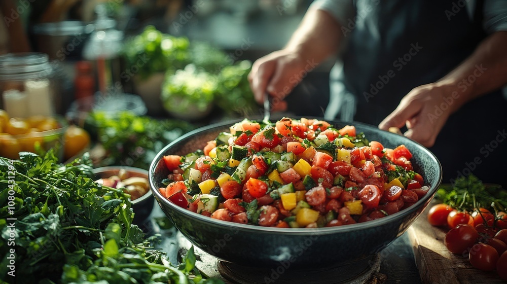Obraz premium Colorful Cuisine: Preparing a Fresh Plant Salad