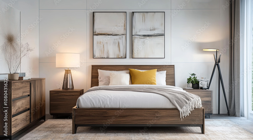 Fototapeta premium Contemporary Nightstand Against Clean White Wall for a Modern Bedroom Feel