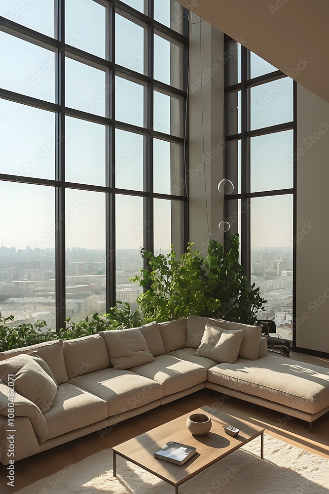 Modern Living Room with Large Windows and City View Modern Living Room with Large Windows and City View