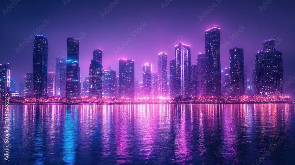 A panoramic view of a city skyline at night with pink and blue neon lights reflected in the water.
