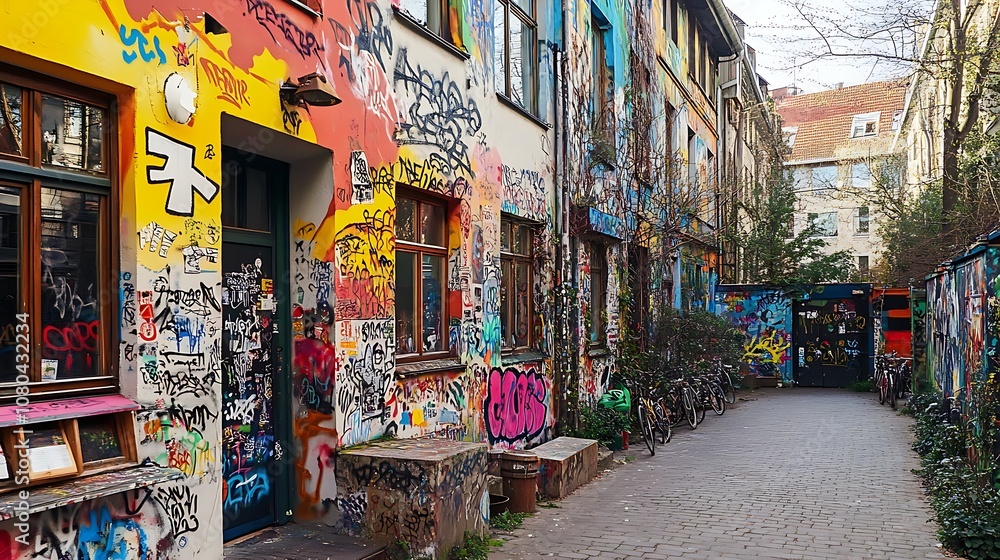 Fototapeta premium A vibrant alleyway adorned with colorful graffiti and bicycles, showcasing urban art and culture.