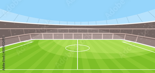 A soccer stadium interior showing the green field and stands. Vector illustration