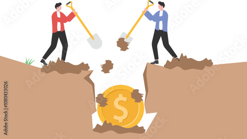 Investment, two businessmen buried a pile of gold coins in the soil

