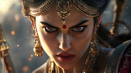 Close-up of a young Indian woman warrior queen engaged in battle, an epic fantasy movie scene