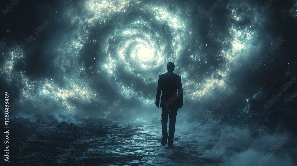 A man is walking through a spiral galaxy A man is walking through a spiral galaxy