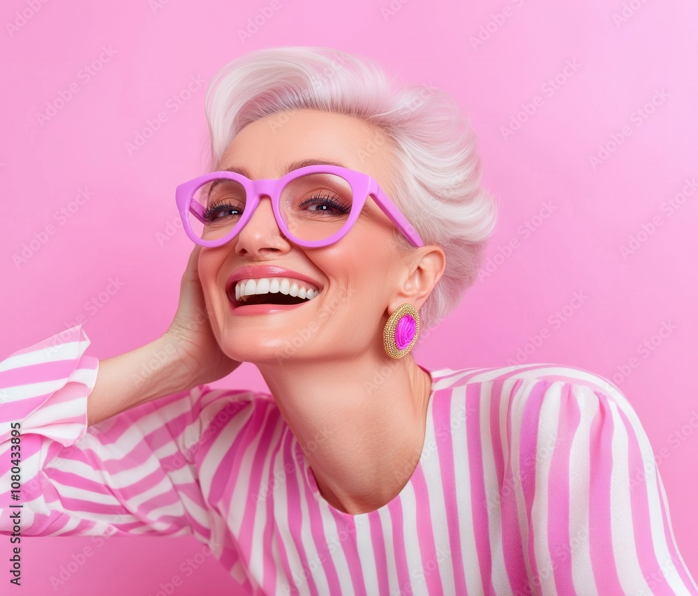 Portrait of an elderly woman with short grey hair in a white and pink blouse infront of pink background, vibrant senior woman smiling Portrait of an elderly woman with short grey hair in a white and pink blouse infront of pink background, vibrant senior woman smiling