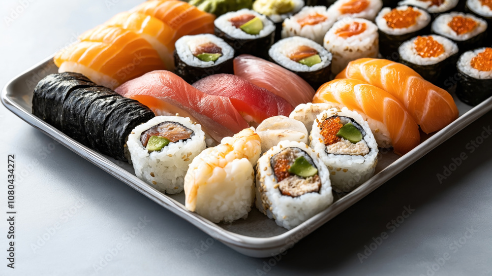 Assorted sushi platter featuring nigiri, maki rolls, and sashimi with salmon, tuna, shrimp, and avocado servings on a metal tray. Assorted sushi platter featuring nigiri, maki rolls, and sashimi with salmon, tuna, shrimp, and avocado servings on a metal tray.