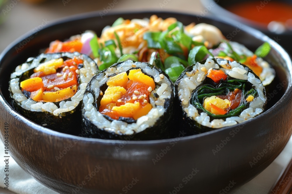 Close-up of three kimchi gimbap rolls. This photo showcases a variety of Korean ingredients and can be used in a blog post about Korean cuisine or a recipe for kimchi gimbap. Close-up of three kimchi gimbap rolls. This photo showcases a variety of Korean ingredients and can be used in a blog post about Korean cuisine or a recipe for kimchi gimbap.