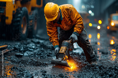 Worker using jackhammer pneumatic drill machinery on road repair. photo