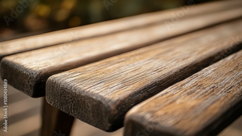 A close-up shot of the bench's wood grain, capturing the details and craftsmanship, with the surrounding area softly blurred.